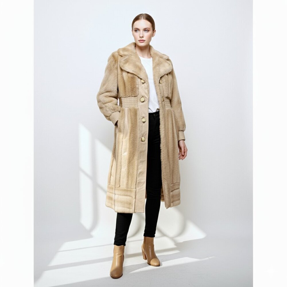 Lilli Ann‎ Vintage Faux Fur Faux Leather Single Breasted Trench Coat Tan Women M